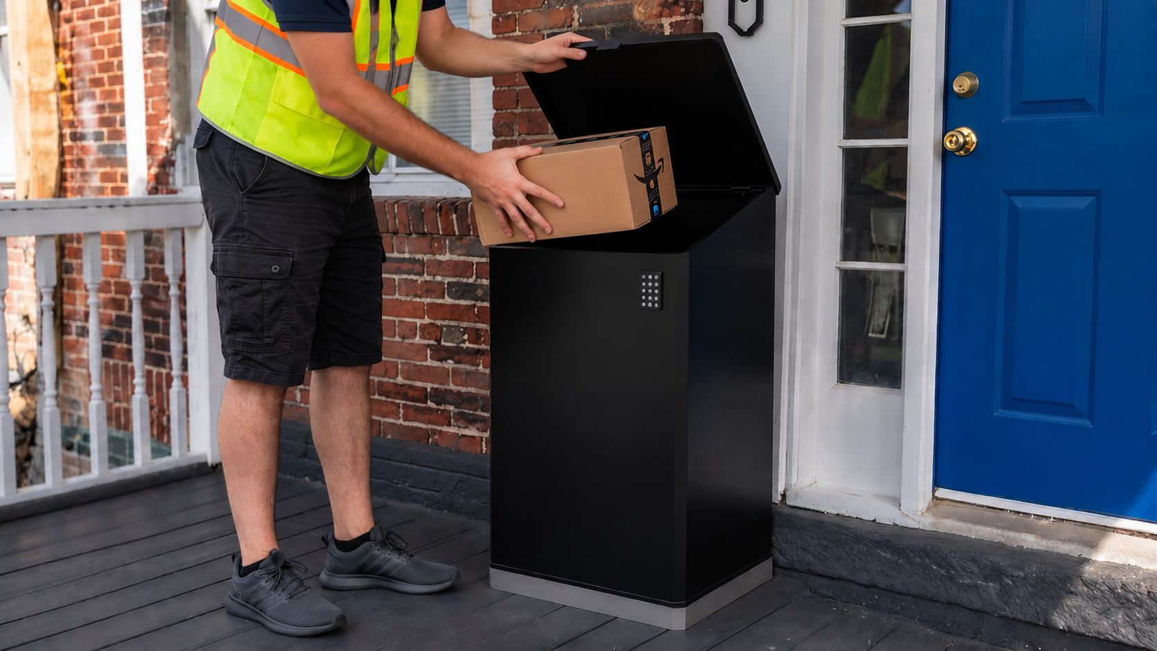 Delivery driver placing an Amazon package inside the SG-1 on a porch