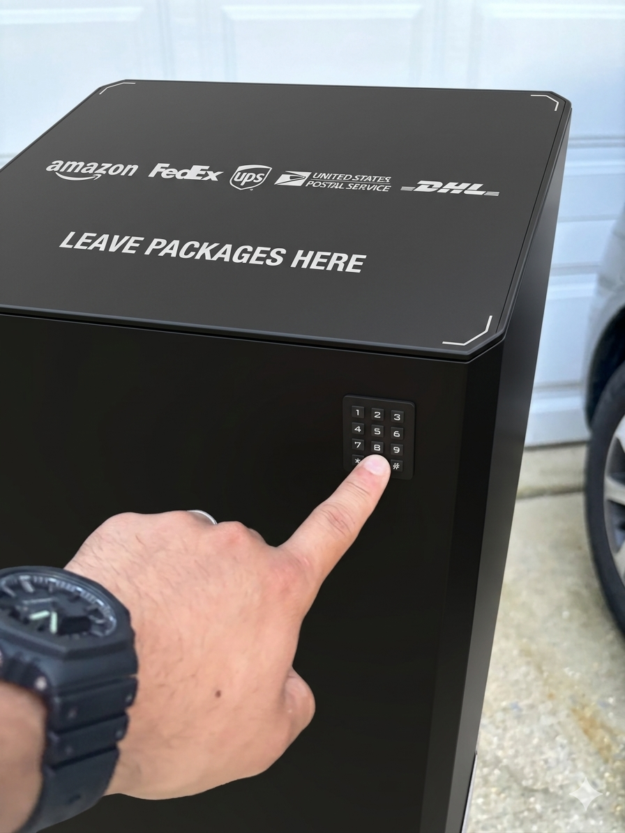 Finger entering the 4-digit code on the SG-1 keypad below the carrier logos